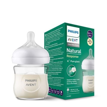 Стъклено шише с биберон без протичане 0м+ Philips-Avent Natural Response 3.0, 120мл