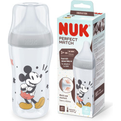 Бебешко пластмасово шише Nuk Termo Control Perfect Match, 260 мл, силиконов биберон M, 3м+, Mickey сиво