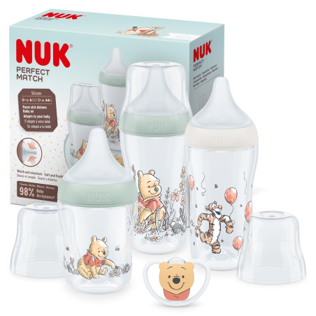 Комплект пластмасови шишета и залъгалка Nuk Perfect Match Temperature Control, Disney Мечо Пух