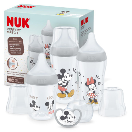 Комплект пластмасови шишета и залъгалка Nuk Perfect Match Temperature Control, Mickey