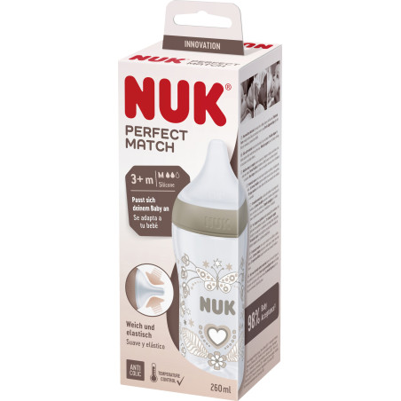 Бебешко пластмасово шише Nuk Termo Control Perfect Match, 260 мл, силиконов биберон M, 3м+, сърце