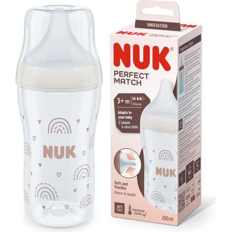 Бебешко пластмасово шише Nuk Termo Control Perfect Match, 260 мл, силиконов биберон M, 3м+, дъга