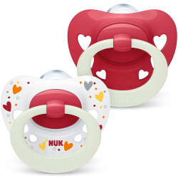 Силиконова залъгалка Nuk Signature Night, 2 броя, с кутийка, 18м+, момиче