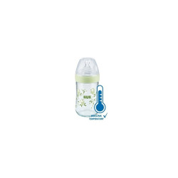 Бебешко стъклено шише Nuk Termo Control Nature Sense, 240мл, силикон, М softer, 0-6м, бяло