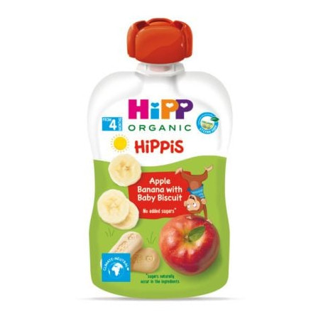 HIPP 9% ДДС 8508 HiPPiS Ябълка, банан, бискивити , плодова закуска, пауч, 100 гр