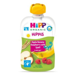 HIPP 9% ДДС 8534 HiPPiS БИО Ябълка, банани, малини , плодова закуска, пауч, 100 гр
