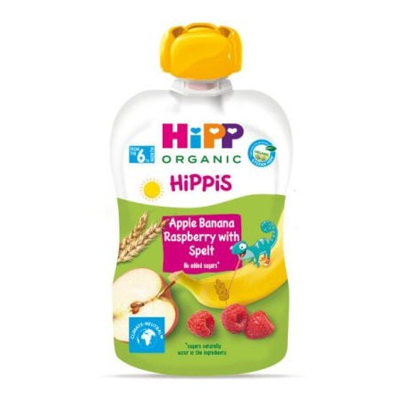 HIPP 9% ДДС 8534 HiPPiS БИО Ябълка, банани, малини , плодова закуска, пауч, 100 гр