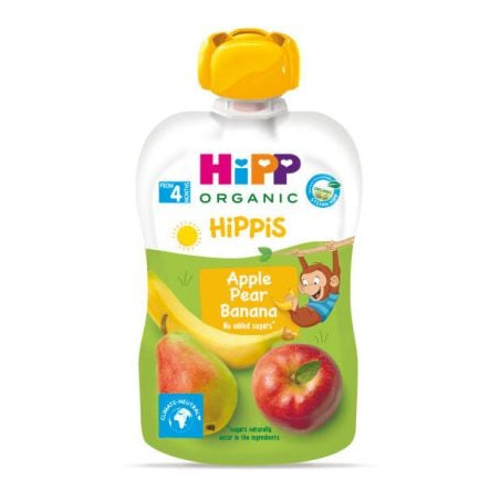 HIPP 8520 HiPPiS БИО Ябълка, круша, банан , плодова закуска, пауч, 100 гр