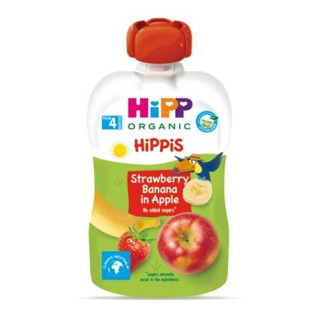 HIPP 8521 HiPPiS БИО Ябълка, ягода, банан , плодова закуска, пауч, 100 гр