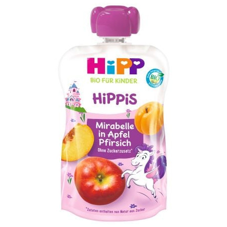HIPP 42506 HiPPiS БИО Слива, Ябълка, Праскова , плодова закуска, пауч, 100 гр