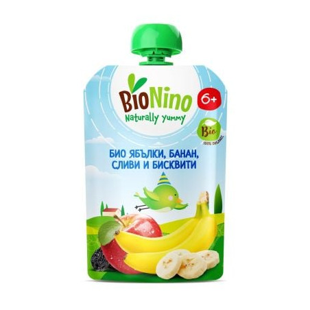 BN2614 БИО ПЛ. ЗАКУСКА С ЯБЪЛКИ, БАНАН, СЛИВИ И БИСКВИТИ, 6+М 90ГР