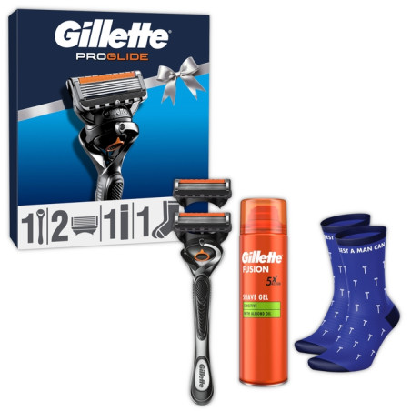 GILLETTE Fusion ProGlide дръжка с 2 ножчета + гел за бръснене 200мл + чорапи, комплект за мъже