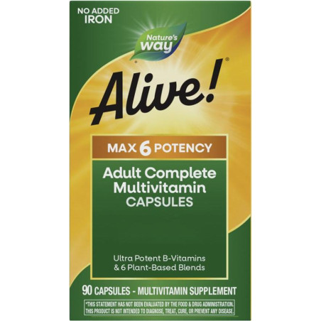 Alive!® Max6 Max Potency Multivitamin (No Iron) Алайв! / Мултивитамини максимум сила (без добавено желязо), 90 капсули Nature’s 