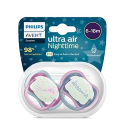 2 бр. светещи в тъмното ортодонтични залъгалки Philips Avent Ultra Air Night 6-18м с декорация Звезди и Мече в кутия за стерилиз
