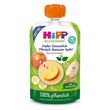 HIPP 84007 HiPPiS БИО Праскова, Ябълка, Банан и Овес, смути, пауч, 120 мл