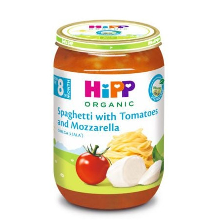 HIPP BIO Пюре Спагети, домати и моцарела 8+ месеца 6400, 220 г