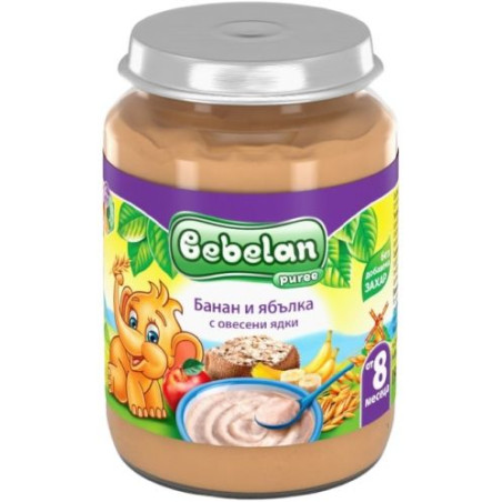Безмлечна каша Bebelan Puree - Банан и ябълки с овесени ядки, 190 g