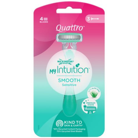 Wilkinson Sword Quattro Дамска самобръсначка Smooth Sensitive Beauty, 3 броя