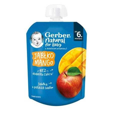 GERBER® Плодова закуска пауч Ябълка и манго 6+ месеца, 80 г