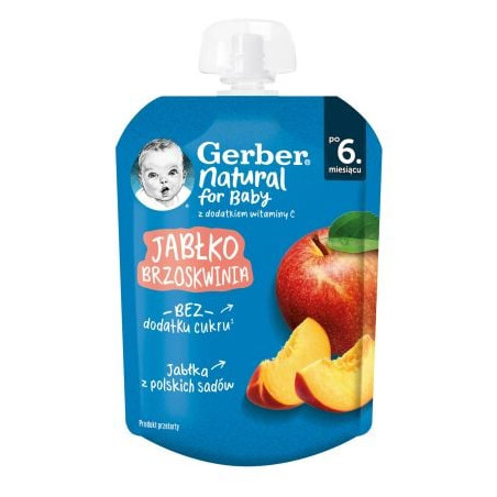 GERBER Плодова закуска пауч Ябълка и праскова 6+ месеца, 80 г