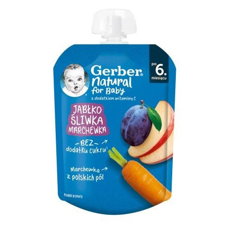 GERBER Плодова закуска пауч Ябълка, слива и морков 6+ месеца, 80 г