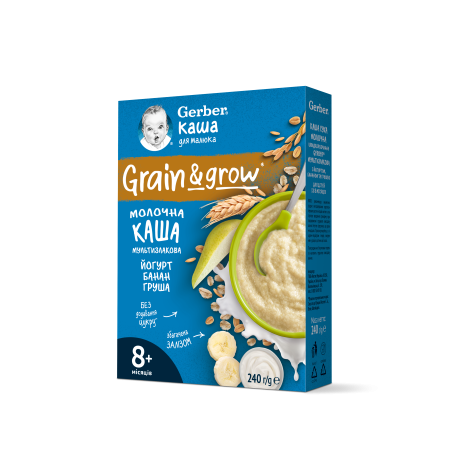 GERBER Млечна каша овес, пшеница, йогурт, банан, круша 8+м, 240г