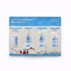 AS:US TRAVEL SHOWER KIT 4 STEP Дълбокопочистваща пяна за лице 5мл., Шампоан 5мл.,Балсам 5мл., Душ гел 5мл.