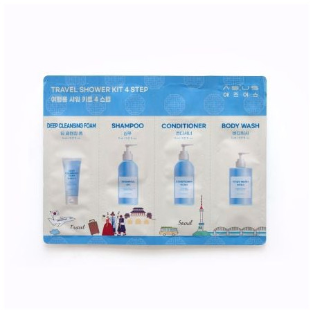 AS:US TRAVEL SHOWER KIT 4 STEP Дълбокопочистваща пяна за лице 5мл., Шампоан 5мл.,Балсам 5мл., Душ гел 5мл.