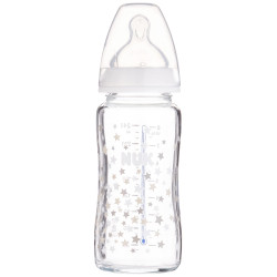 Бебешко стъклено шише Nuk First Choice Temperature Control, 240мл, силикон, 0-6м, бяло
