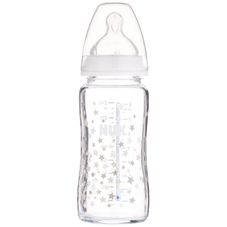 Бебешко стъклено шише Nuk First Choice Temperature Control, 240мл, силикон, 0-6м, бяло