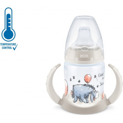 Бебешко шише Nuk First Choice Temperature control, 150мл със силиконов накрайник за сок, Disney, 6-18м, синьо