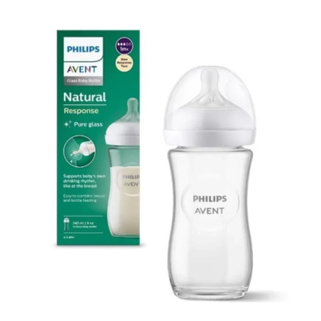 Стъклено шише с биберон без протичане 1м+ Philips-Avent Natural Response 3.0, 240мл